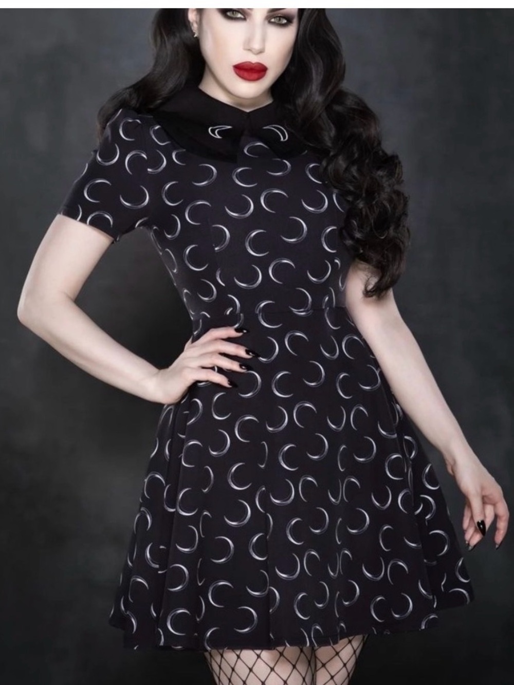 Fit & Flare Midi Dress with Crescent Print in Black